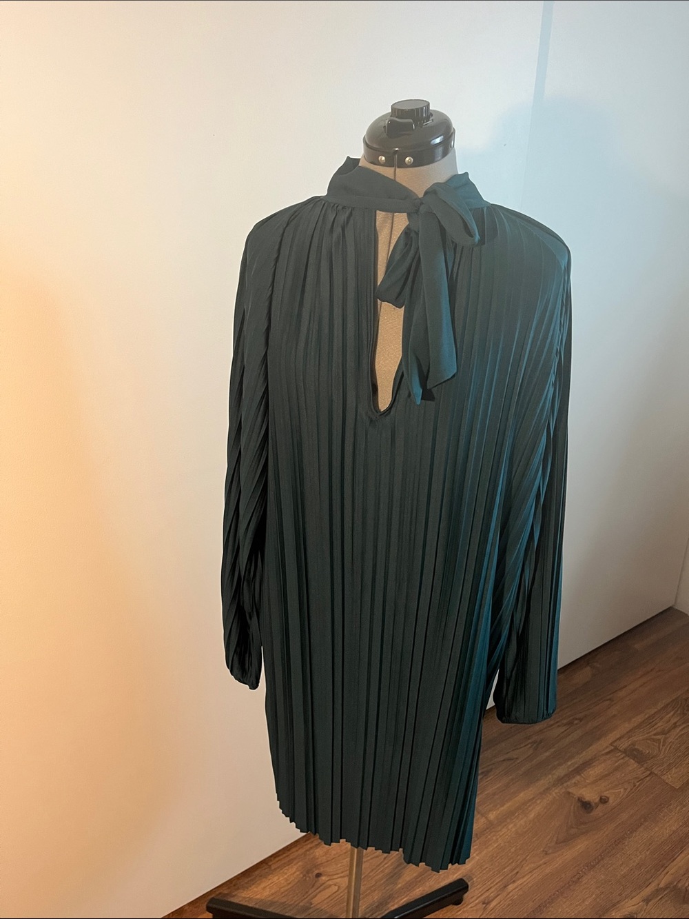 Zara Teal Pleated Long-Sleeve Tie-Neck Dress